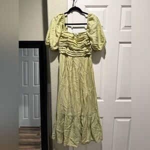 Elegant Lime Green Puff Sleeve Midi Dress